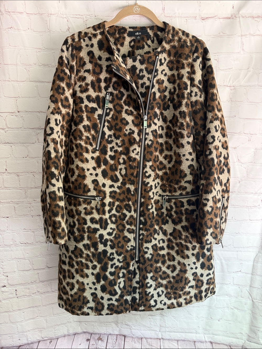 ellos Leopard-Print Zip-Front wool blend Jacket - Brown/Cream Woman’s size 12